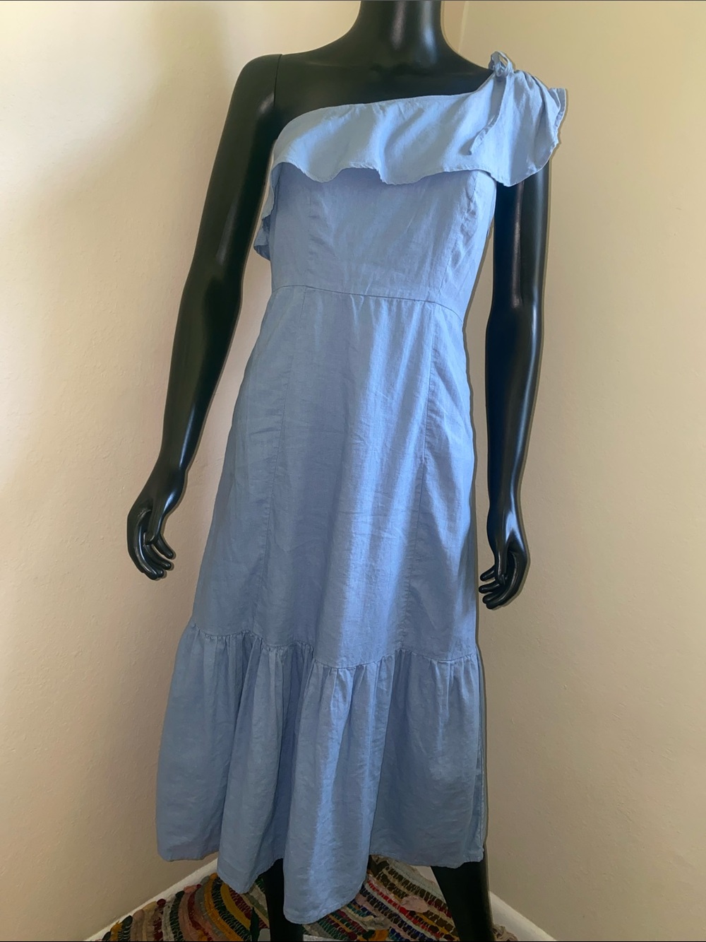 Lulu's Sky Blue One-Shoulder Ruffle Maxi Dress Linen Blend